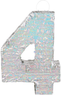Piñata cijfer 4 holografisch zilver (40x28cm) Zilver - Grijs