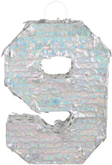 Piñata cijfer 9 holografisch zilver (40x28cm) Zilver - Grijs