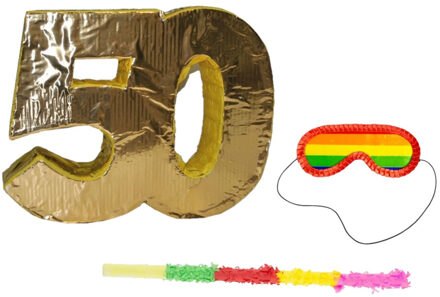 Pinata goud 50 jaar leeftijd + stok + masker