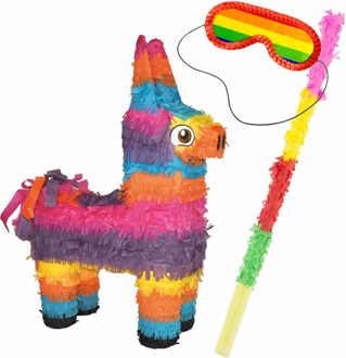 Pinata van een Mexicaanse Ezel set met masker en stok - Pinatas Multikleur