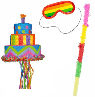 Pinata van een verjaardagstaart set met masker en stok