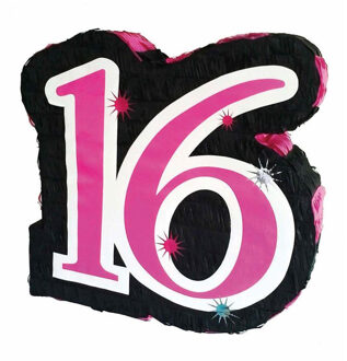 Pinata voor Sweet 16 - papier - 45 x 45 cm - zwart/roze - verjaardag feestartikelen - sixteen