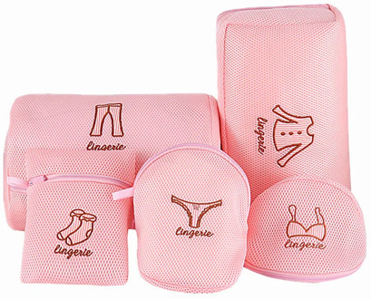 Pink Embroidery Underwear Laundry Pouch Zippered Mesh Net Bra Socks Washing Bag Foldable Travel Portable Dirty Laundry Bags