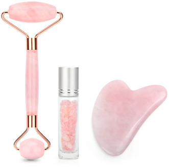 Pink/Green Natural Rose Quartz Jade Roller Gua Sha Board Massager Face Lifting Tool Facial Guasha Massage Gemstone Bottle Kit
