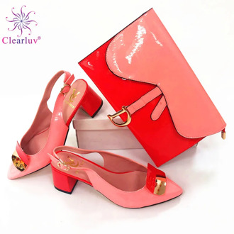 Pink High Quality African Party Crystal Pointed Toe Slipper And Bags Set Elegant Pumps Women Shoes And Bags Set For Wedding