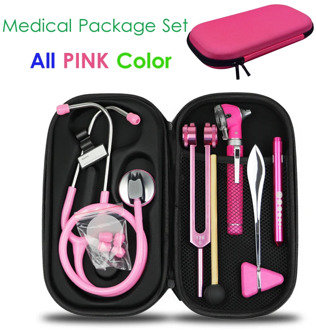 Pink Home Medical Health Monitor Storage Case Kit with Stethoscope Otoscope Tuning Fork Reflex Hammer LED Penlight Torch Tool