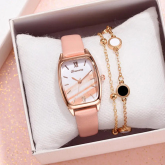 Pink Marble Dial Women's Leather strap Quartz Bracelet Ladies Wrist Watch With Bracelet Luxury Gold Jewelry Clock Gift