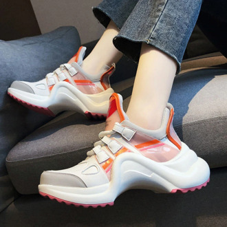 Pink PU Leather Patchwork Sewing Waterproof Thick Bottom Sneakers Trend Lace-Up Running Shoes Designer Geared Non-Slip Dad Shoes