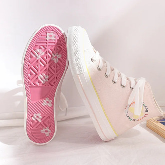 Pink Shoes Girls Canvas Shoes High Top Floral Lace Up Sneakers with Flowers White Casual Shoes Students Chic Shoes 35-40 Sweet