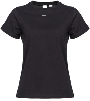 Pinko Basis Kortemouw T-shirt van Katoen met Mini Logo Pinko , Black , Dames - L,M,S,Xs