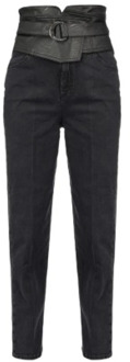 Pinko Hoge Taille Eco-Leer Inzet Slim Jeans Pinko , Black , Dames - W25,W29,W28,W27