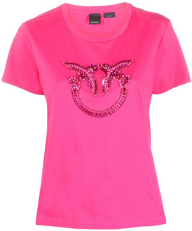 Pinko Korte Mouw Fuchsia Love Birds T-Shirt - L Pinko , Pink , Dames - L,M
