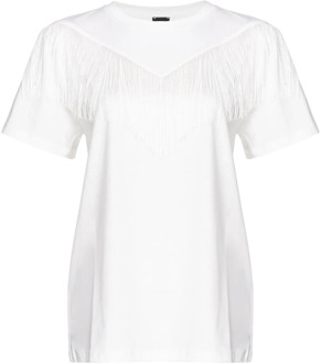 Pinko Korte mouwen katoenen jersey T-shirt met franje applicatie Pinko , White , Dames - L,M,S,Xs