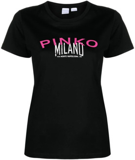 Pinko Logo Print Crew Neck T-shirts en Polos Pinko , Black , Dames - S,Xs
