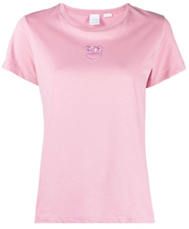 Pinko Love Birds Geborduurde T-shirts en Polos Pinko , Pink , Dames - L,M,S,Xs