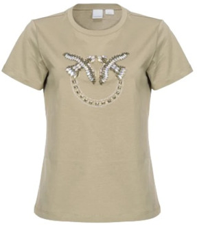 Pinko Love Birds Rhinestone T-shirt Pinko , Beige , Dames - L,M,S,Xs