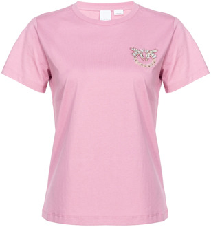 Pinko Vogels Logo Geborduurd T-Shirt Pinko , Pink , Dames - XS