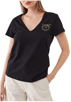 Pinko Zwarte V-hals T-shirt met glanzend logo Pinko , Black , Dames - M,S,Xs