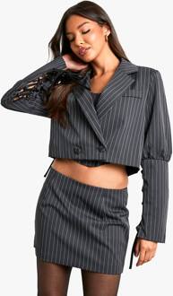 Pinstripe Lace Up Sleeve Cropped Blazer, Charcoal - 38