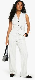 Pinstripe Mid-Rise Getailleerde Broek Met Wijde Pijpen, White - 34