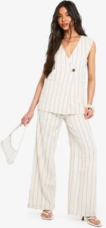 Pinstripe Tailored Linen Look Broek Met Wijde Pijpen, Stone - 40