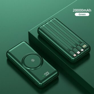 Pinzheng 20000Mah Draadloze Power Bank Ingebouwde 4 Kabels Powerbank Draagbare Externe Batterij Oplader Voor Iphone 12 Pro xiaomi 10 groen 20000mAh