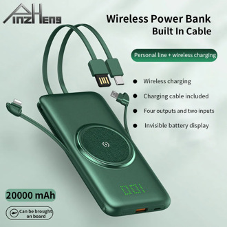 PINZHENG 20000mAh Qi Wireless Charger Power Bank Built-in 4 Cables Powerbank Portable External Battery Charger For Xiaomi iPhone