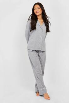 Piping Detail Jersey Pyjama Set Met Lange Mouwen En Broek, Grey Marl - 44
