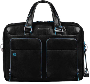 Piquadro "Piquadro Blue Square Portfolio Computer Briefcase 15"" with iPad Black" Zwart