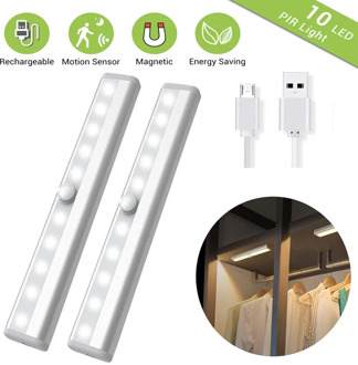 PIR Under Cabinet Light USB Rechargeable Motion Sensor Closet Lights Wireless Magnetic Stick-on Cordless 10 LED Night Light Bar