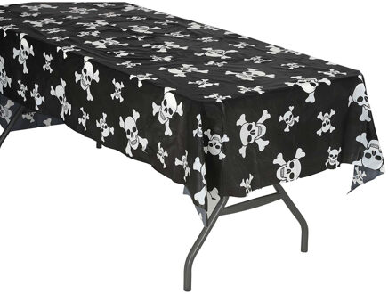 Piraat thema kinder feest tafelkleed - doodskoppen/piraten - zwart/wit - plastic - 137 x 274 cm