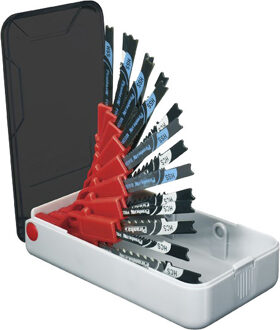 Piranha 16 delige Decoupeerzaag casette in waaiervorm verpakt. 8 Verschillende bladen, elk 2x,  T-Aansluiting X28160