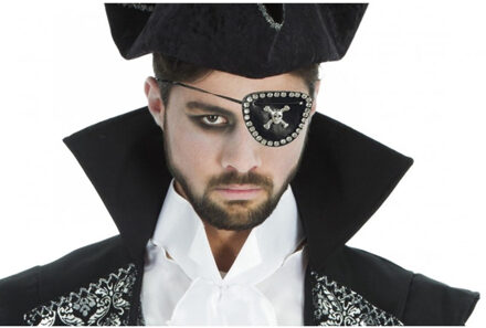 Piraten ooglapje - met elastiek - met schedel en strass steentjes - kunststof - zwart