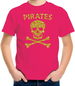 Piraten verkleed shirt goud glitter roze voor kinderen - piraten kostuum - Verkleedkleding M (134-140)
