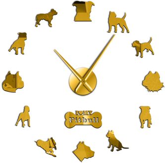 Pit Bull Grote Frameloze 3D Diy Wandklok Hond Ras Pitties Thuis Deocr Zelfklevende Spiegel Oppervlak Pit Bull Dog minnaar goud / 47 duim