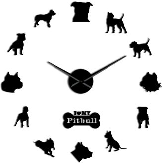 Pit Bull Grote Frameloze 3D Diy Wandklok Hond Ras Pitties Thuis Deocr Zelfklevende Spiegel Oppervlak Pit Bull Dog minnaar zwart / 37 duim