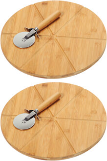 Pizza serveerplank met pizzasnijder - 2x - bamboe/hout - 32 cm - rond - snijplank/keukenhulpje