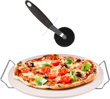 Pizzasteen BBQ/oven rond keramiek 33 cm met handvaten en pizza snijder 19 cm