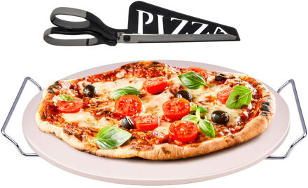 Pizzasteen BBQ/oven rond keramiek 33 cm met handvaten en zwarte pizzaschaar
