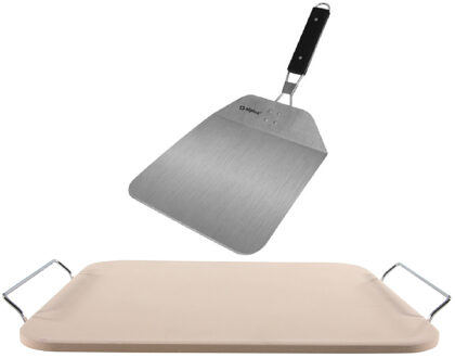 Pizzasteen rechthoekig 30 x 38 cm met handvaten en inklapbare RVS pizzaschep 25 cm