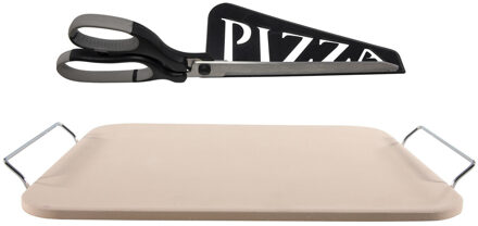 Pizzasteen rechthoekig 30 x 38 cm met handvaten en zwarte pizzaschaar - Pizzaplaten Wit