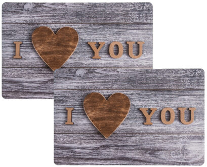 Placemats I love you - 2x - 29 x 44 cm - grijs - onderleggers - Tafeldecoratie met liefde sfeer