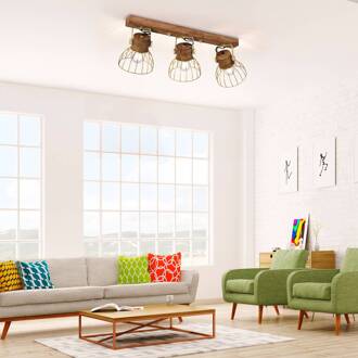 Plafondlamp Alami mangohout messing mat 3-lamps. licht hout, mat messing