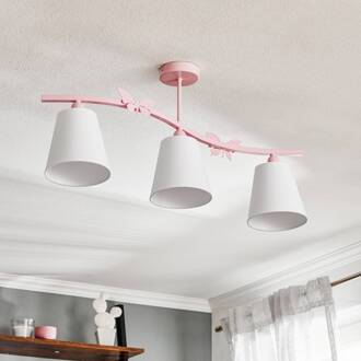 Plafondlamp Alice, roze, drie witte stoffen kappen wit, roze