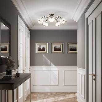 Plafondlamp Antica in landhuisstijl, 5-lamps opaalwit, antiek messing