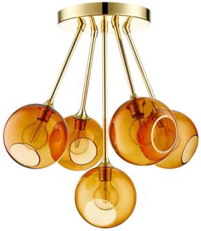 Plafondlamp Ballroom Molecule, barnsteen, glas, 5-lamps barnsteen, goud