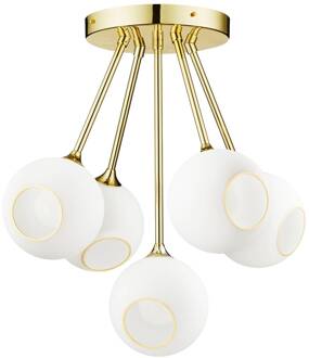 Plafondlamp Ballroom Molecule, wit, glas, 5-lamps wit opaal, goud