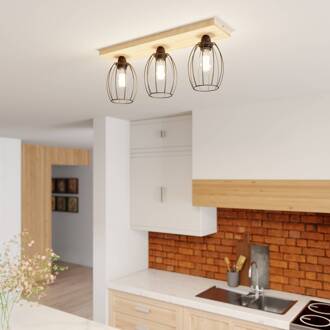 Plafondlamp Beevly, hout en metaal, 3-lamps eiken geolied, zwart