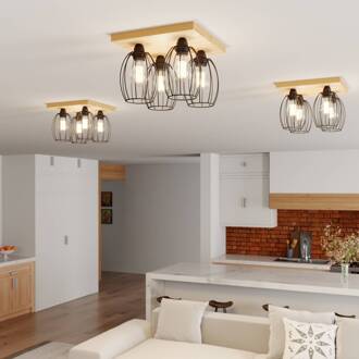 Plafondlamp Beevly, hout en metaal, 4-lamps eiken geolied, zwart