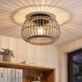 plafondlamp Bominio, Ø 40 cm, rotan, hout, E27 matzwart, licht hout